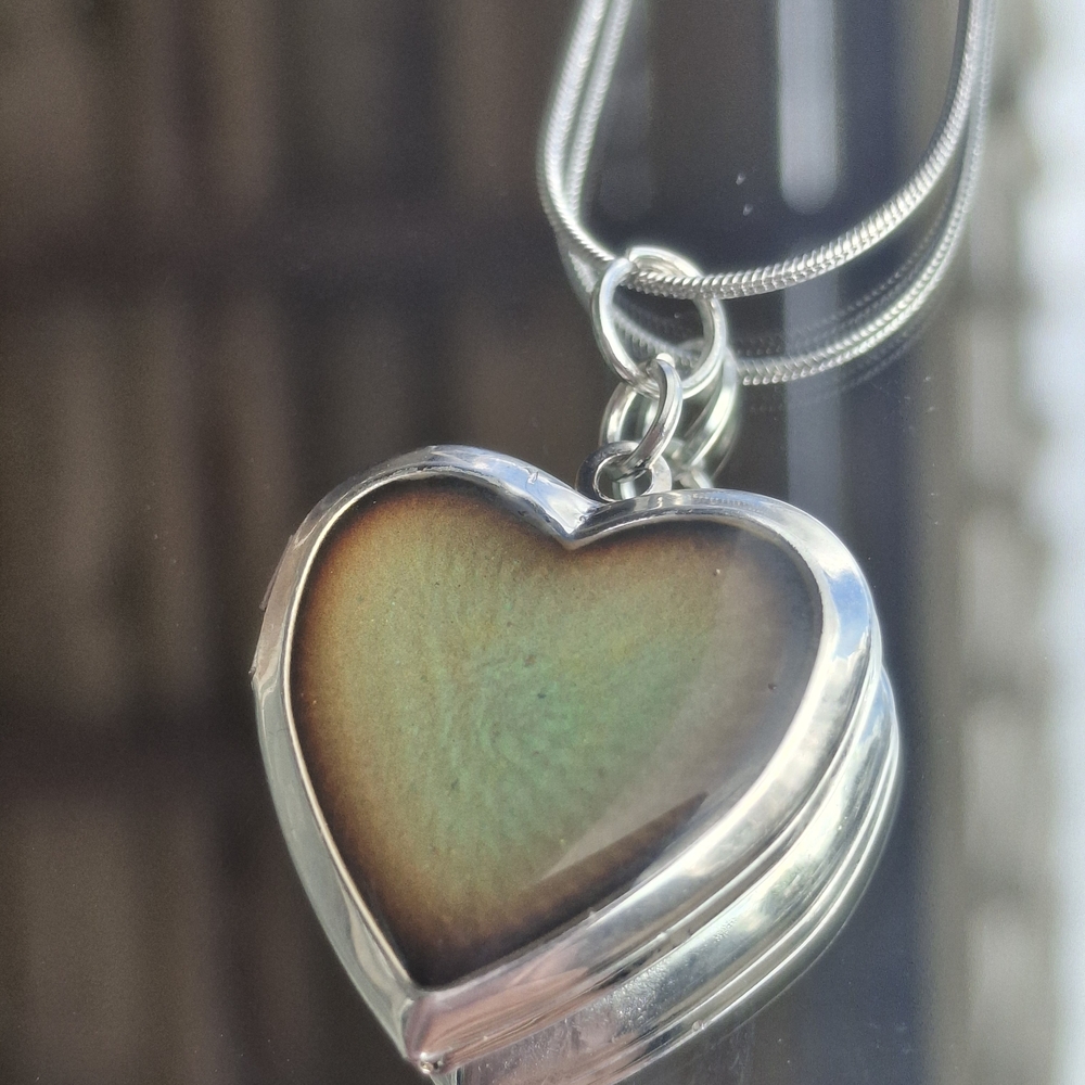 Silver Heart Pendant Necklace with Iridescent Green Center - Women Jewelry
